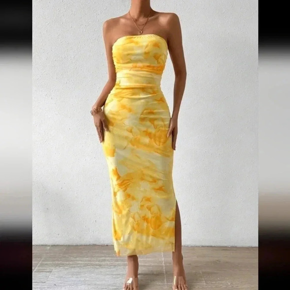 Yellow Floral Strapless Maxi Dress - Picture 6 of 6